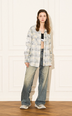EMPTY REFERENCE Raw Edge Plaid Bubble Print Long Sleeve Shirt