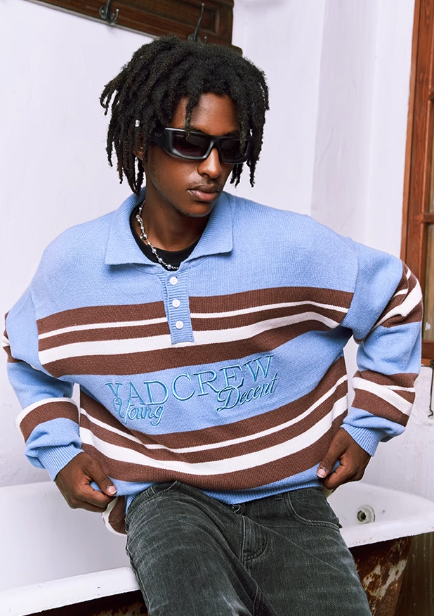 YADcrew Striped Polo Neck Knit Sweater