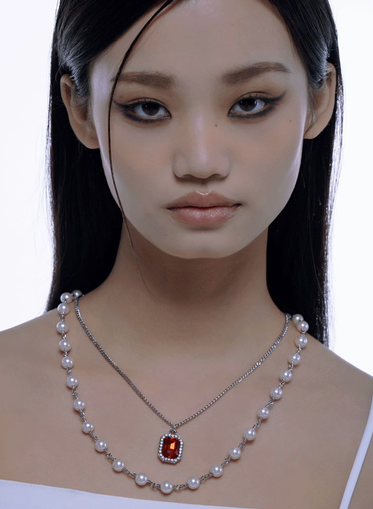 NboStore Pearl Stitching Red Gemstone Necklace