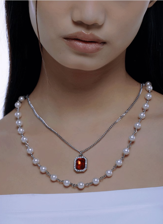 NboStore Pearl Stitching Red Gemstone Necklace