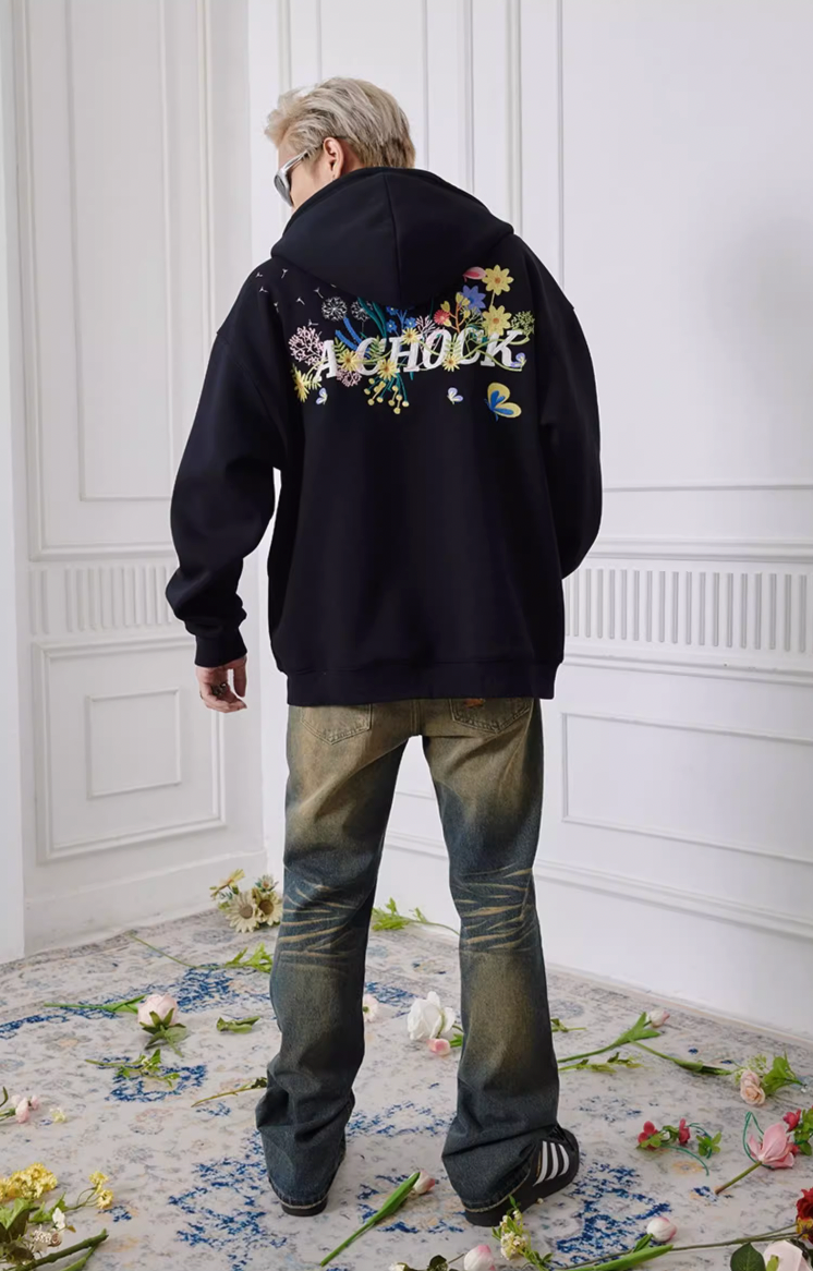 Achock Floral Embroidery Zipper Hoodie