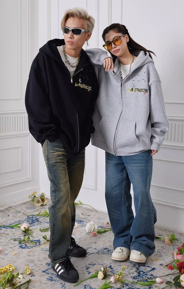 Achock Floral Embroidery Zipper Hoodie