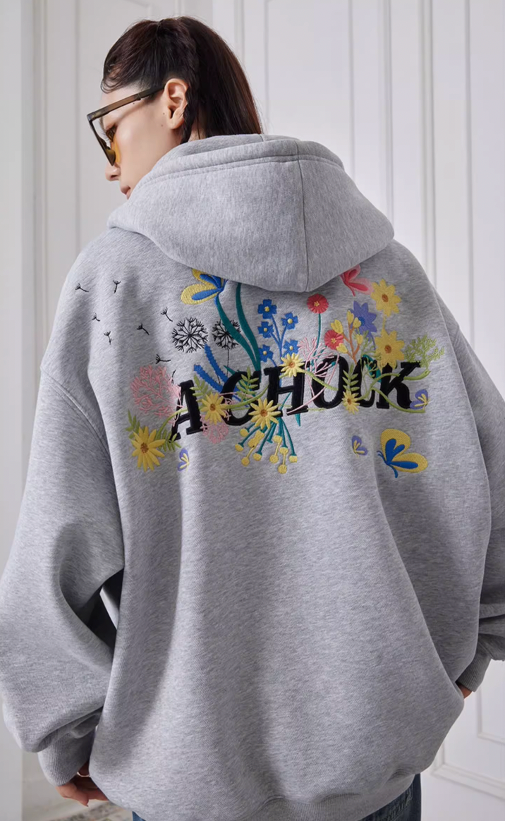 Achock Floral Embroidery Zipper Hoodie