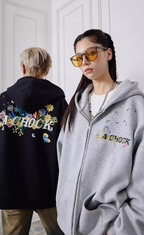 Achock Floral Embroidery Zipper Hoodie