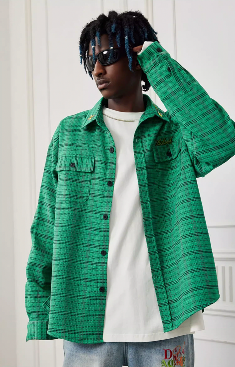 Achock Color Blocking Logo Embroidery Plaid Long Sleeve Shirt