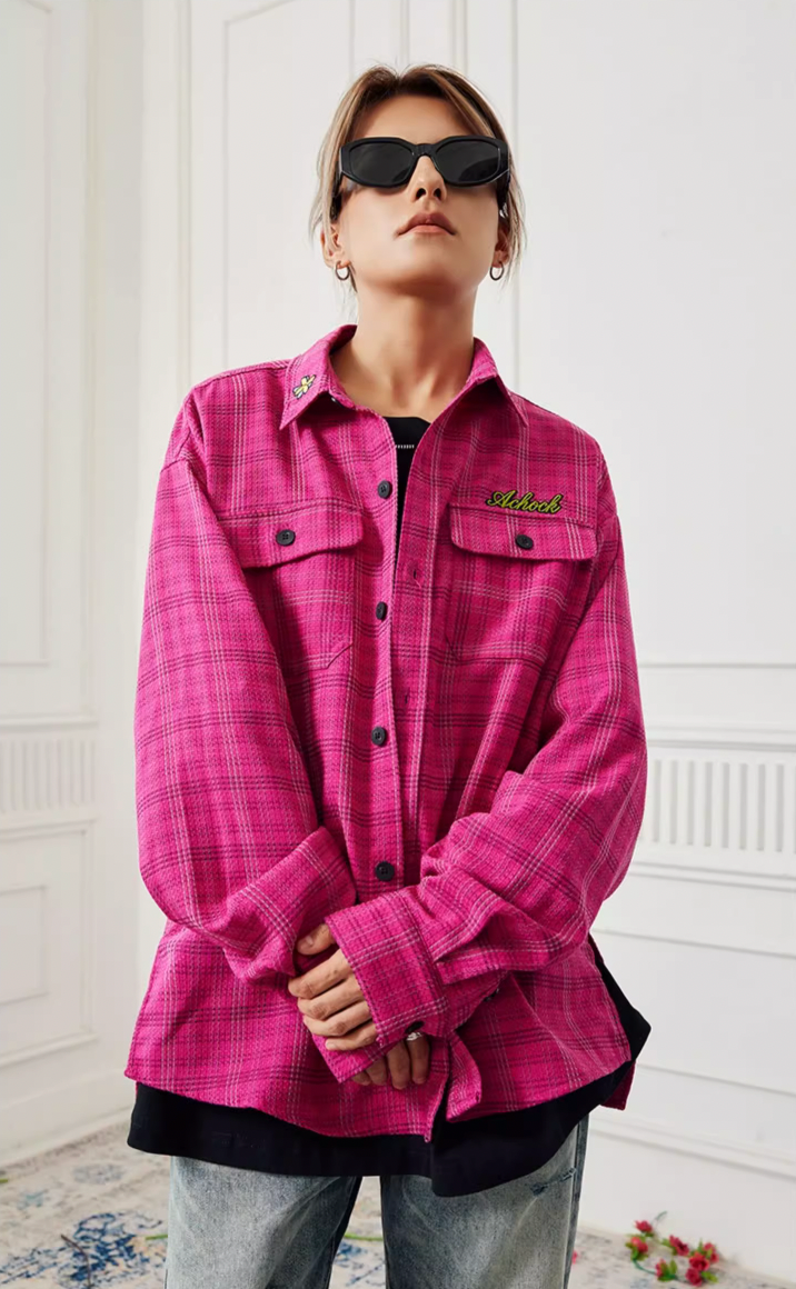 Achock Color Blocking Logo Embroidery Plaid Long Sleeve Shirt