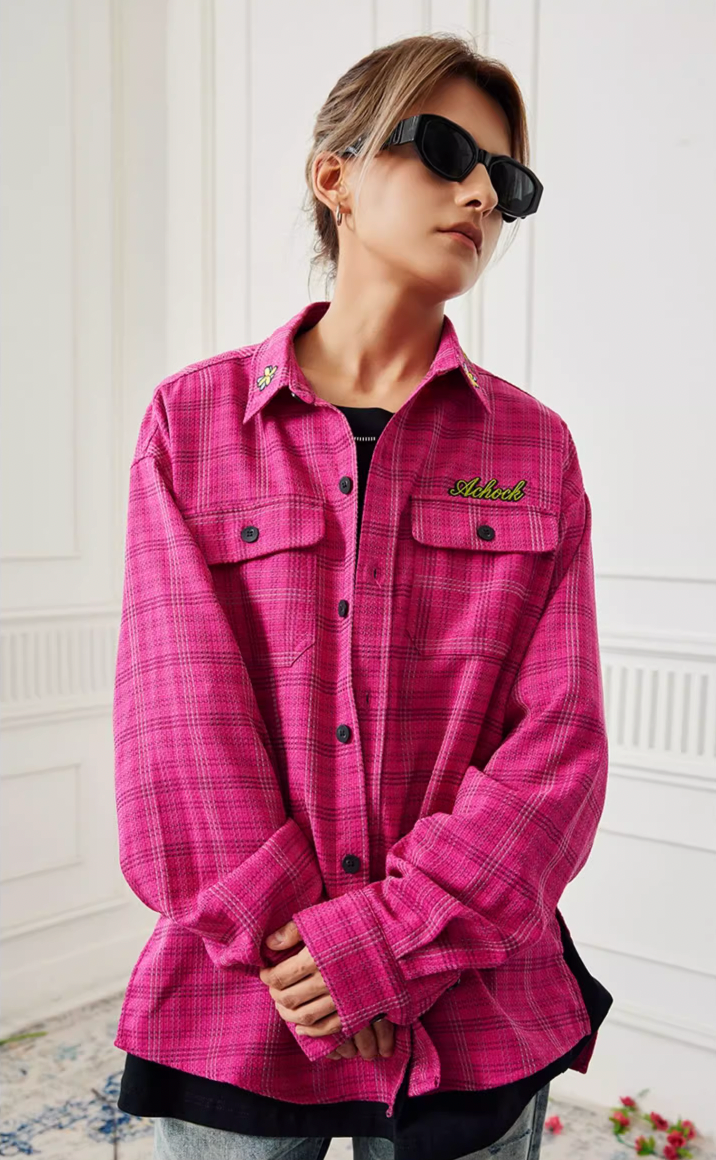 Achock Color Blocking Logo Embroidery Plaid Long Sleeve Shirt