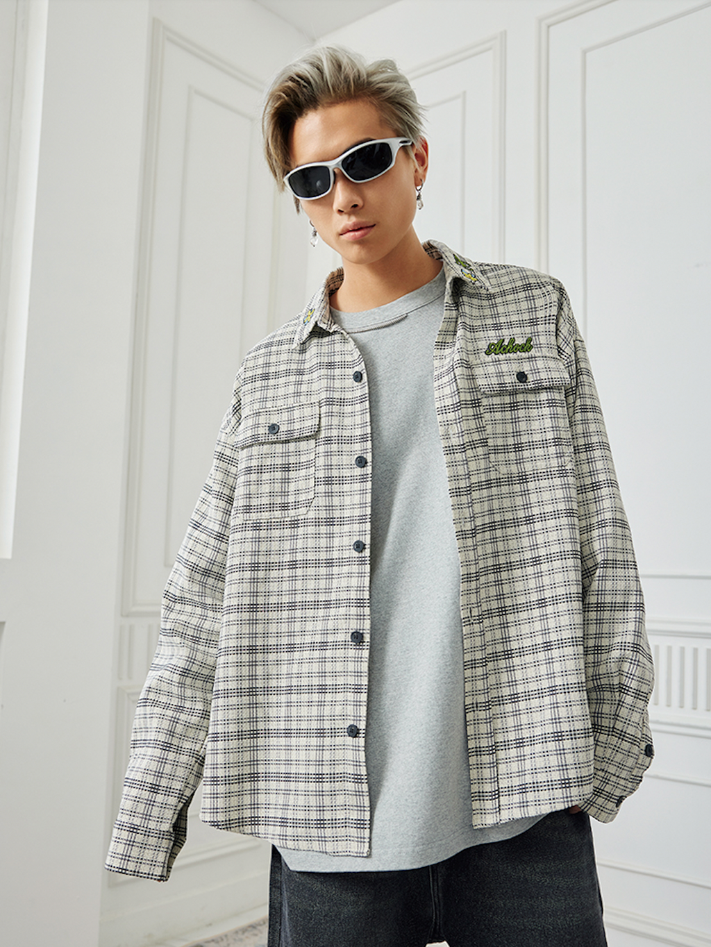 Achock Color Blocking Logo Embroidery Plaid Long Sleeve Shirt