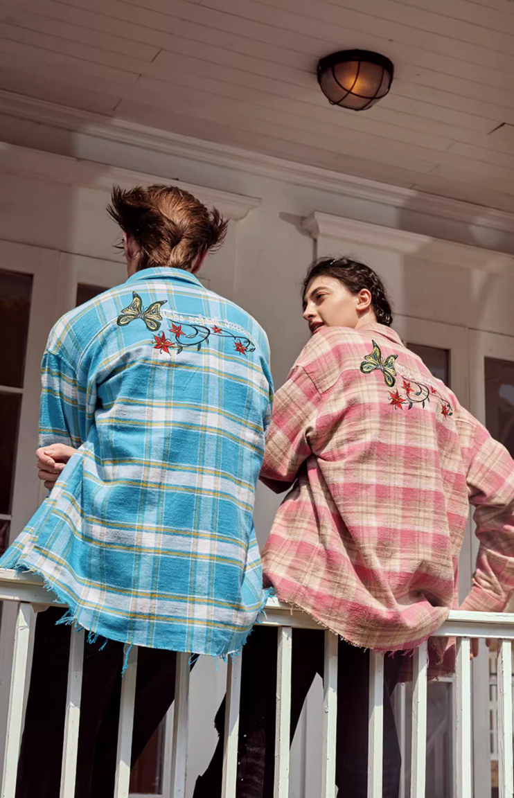 Achock Embroidery Fringe Plaid Long Sleeve Shirt