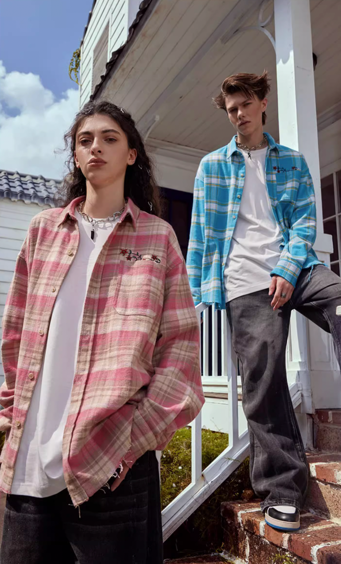 Achock Embroidery Fringe Plaid Long Sleeve Shirt