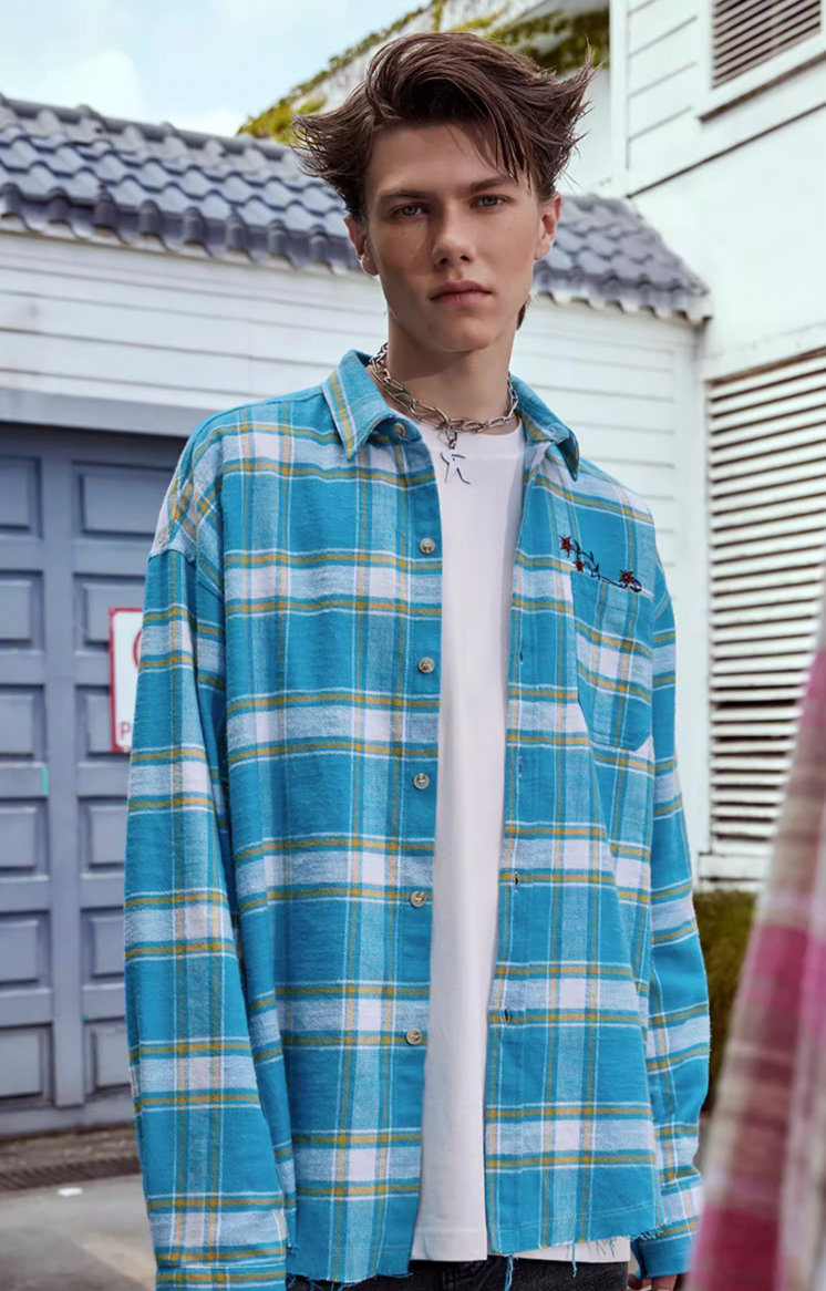 Achock Embroidery Fringe Plaid Long Sleeve Shirt