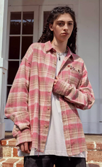 Achock Embroidery Fringe Plaid Long Sleeve Shirt