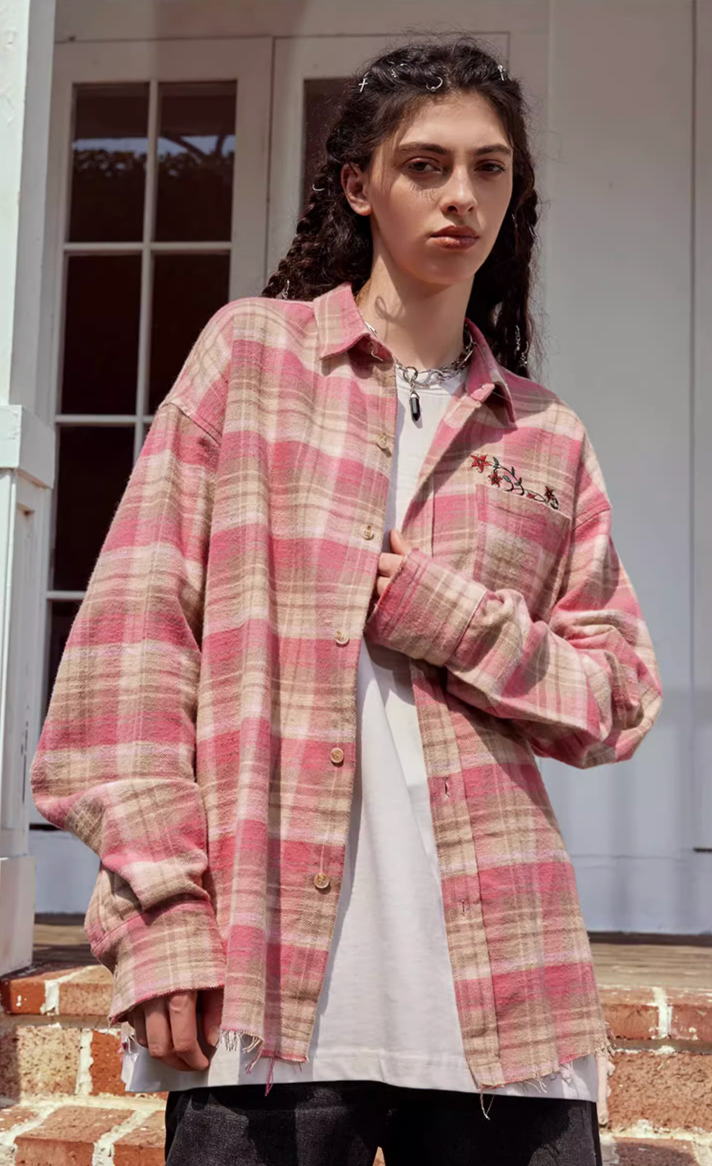 Achock Embroidery Fringe Plaid Long Sleeve Shirt