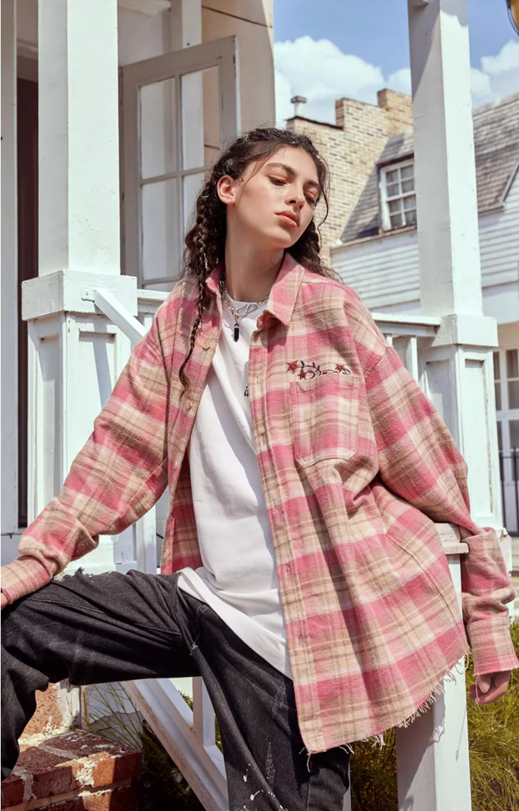 Achock Embroidery Fringe Plaid Long Sleeve Shirt