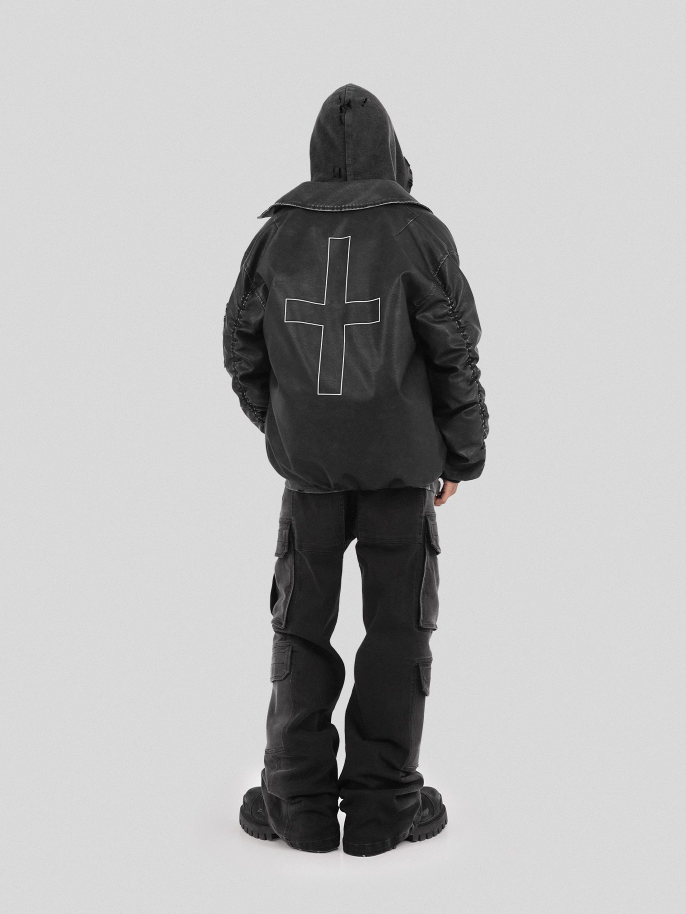 UNDERWATER Cross Embroidered Down Leather Bomber Jacket MA-1
