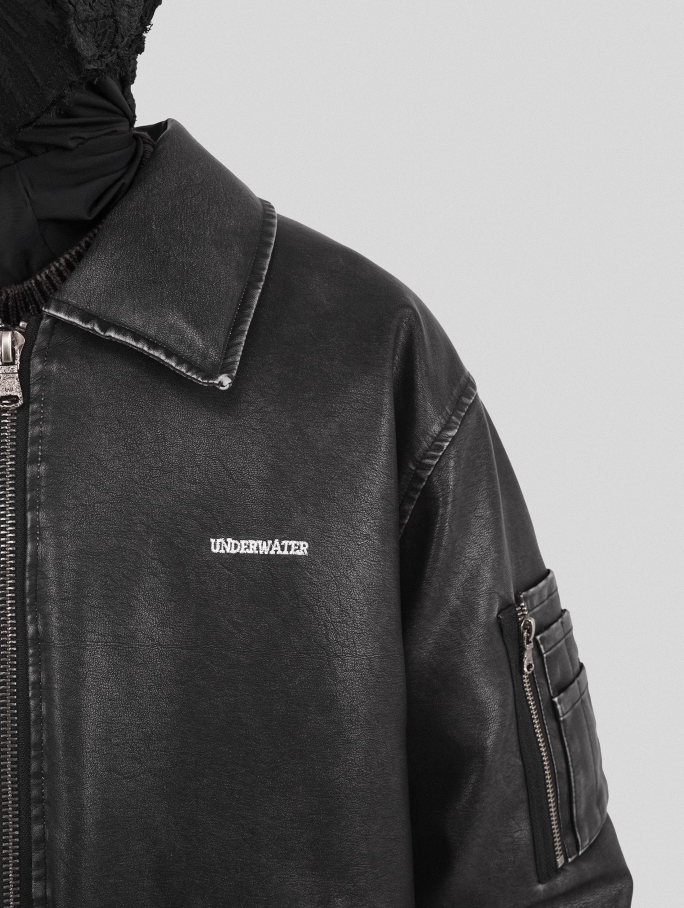 UNDERWATER Cross Embroidered Down Leather Bomber Jacket MA-1
