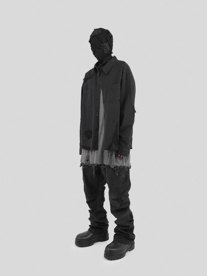 UNDERWATER Sand Washed Destroyed Needle Embroidery Shirt Jacket