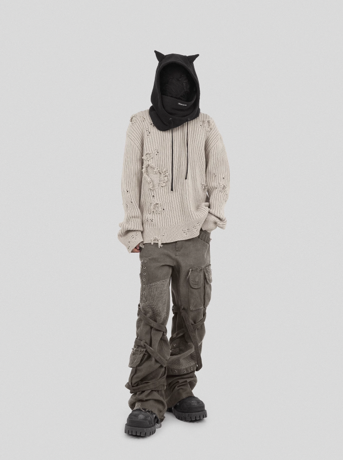 UNDERWATER Washed Handmade Destruction Patchwork Knit Sweater Beige