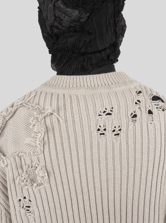 UNDERWATER Washed Handmade Destruction Patchwork Knit Sweater Beige