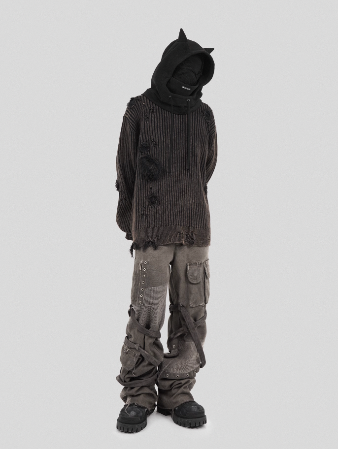 UNDERWATER Washed Handmade Destruction Patchwork Knit Sweater Gray