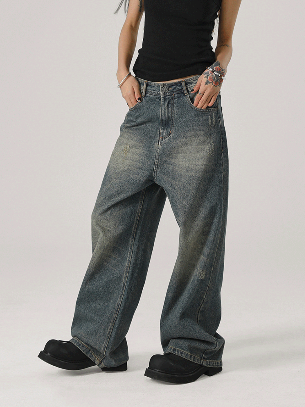 JHYQ Washed Cat Whiskers Holes Denim Jeans