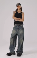 JHYQ Washed Cat Whiskers Holes Denim Jeans