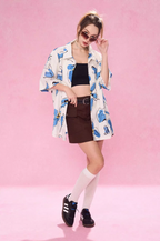 EMPTY REFERENCE White Blue Flower Short Sleeve Shirt