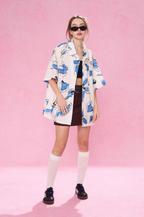EMPTY REFERENCE White Blue Flower Short Sleeve Shirt