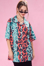 EMPTY REFERENCE Color Clash Leopard Print Short Sleeve Shirt