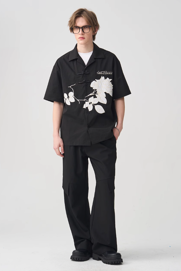 Harsh and Cruel Rose Patches Embroidered Cuban Shirt