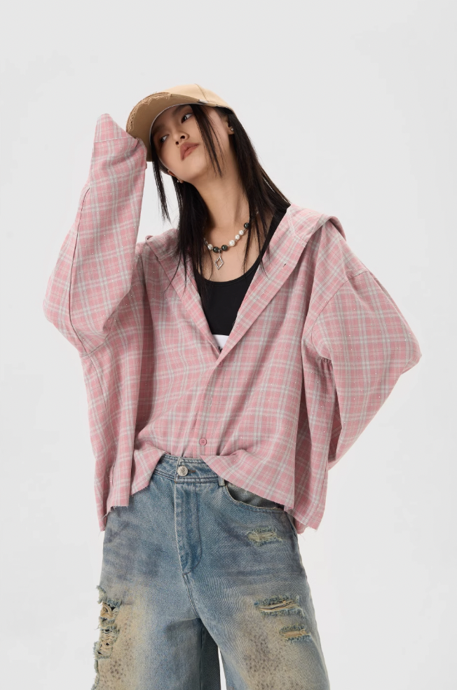 JHYQ Plaid Hot Diamond Hooded Long Sleeved Shirt