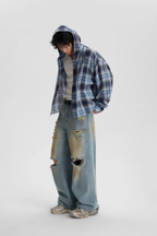 JHYQ Plaid Hot Diamond Hooded Long Sleeved Shirt