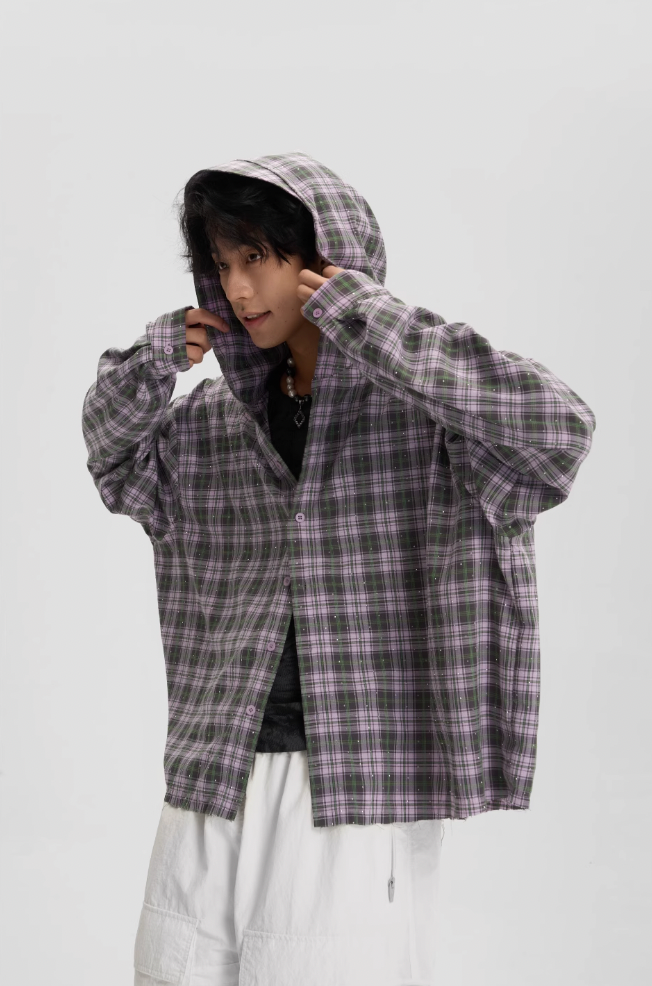 JHYQ Plaid Hot Diamond Hooded Long Sleeved Shirt