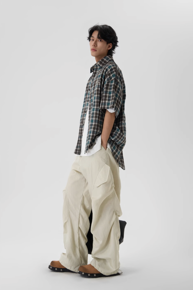 JHYQ Beaded Shoulder Plaid Short Sleeve Shirt