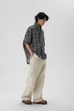 JHYQ Beaded Shoulder Plaid Short Sleeve Shirt