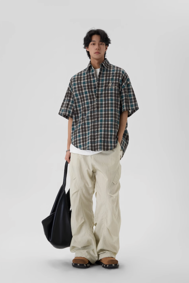 JHYQ Beaded Shoulder Plaid Short Sleeve Shirt