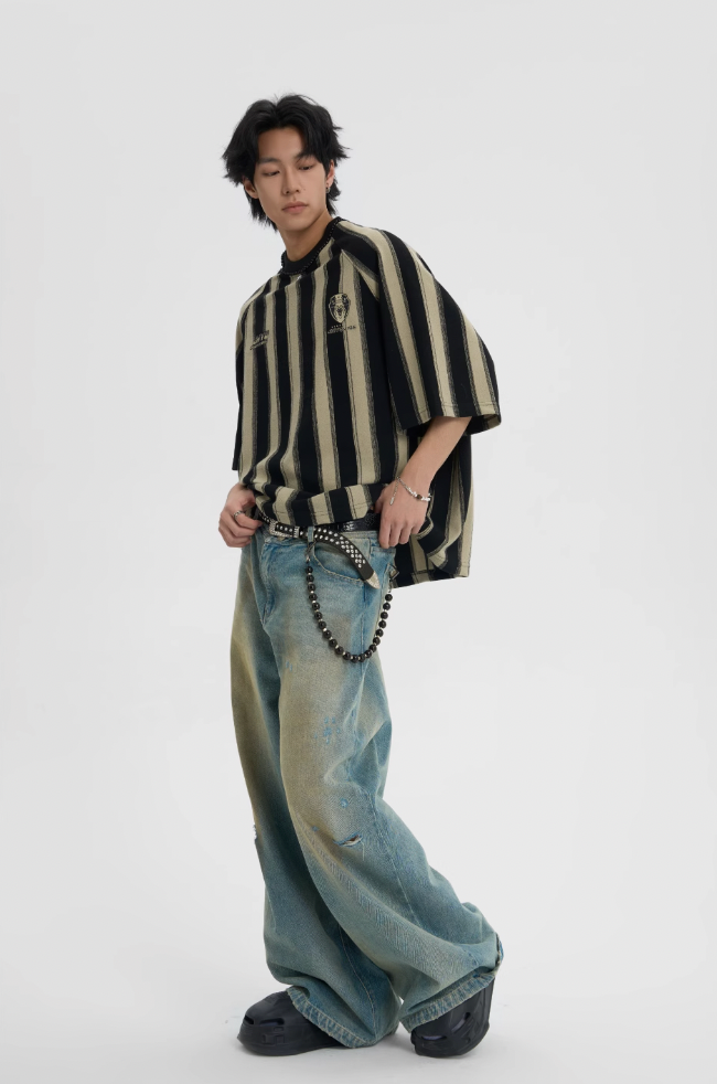 JHYQ Contrast Striped Neck Beaded Tee