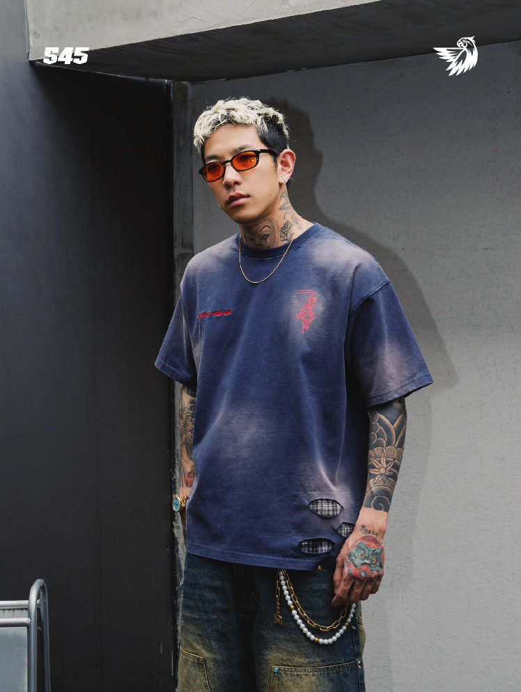 S45 Plaid Patchwork Washed Embroidered Logo Tee