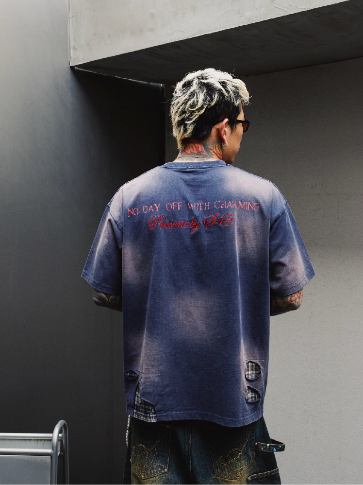 S45 Plaid Patchwork Washed Embroidered Logo Tee
