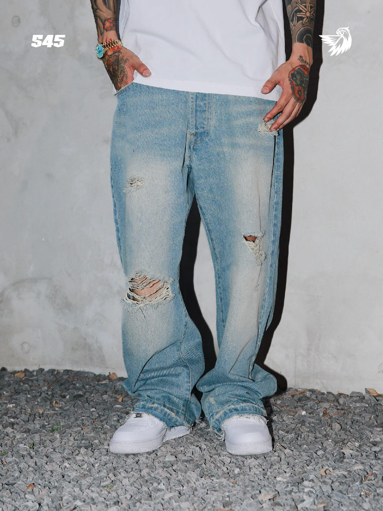 S45 Scattered Hem Washed Distressed Holes Jeans