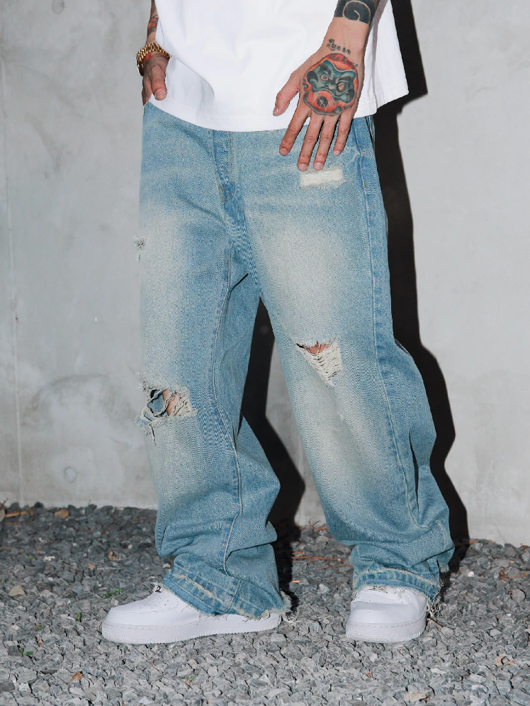 S45 Scattered Hem Washed Distressed Holes Jeans
