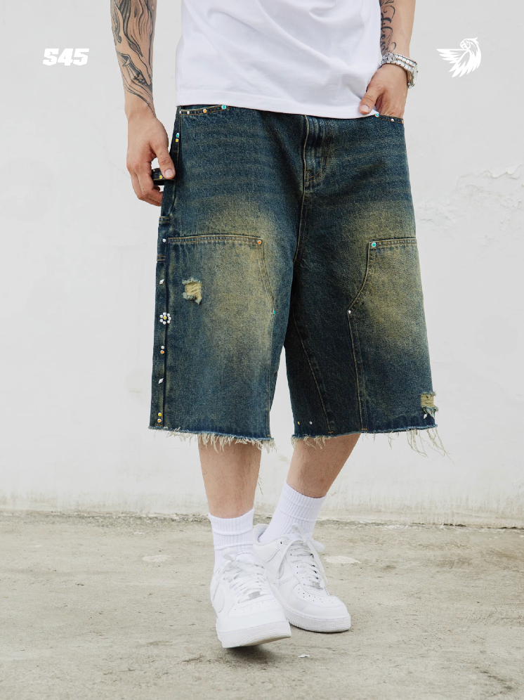 S45 Gem Woodcutting Distressed Raw Edge Denim Shorts