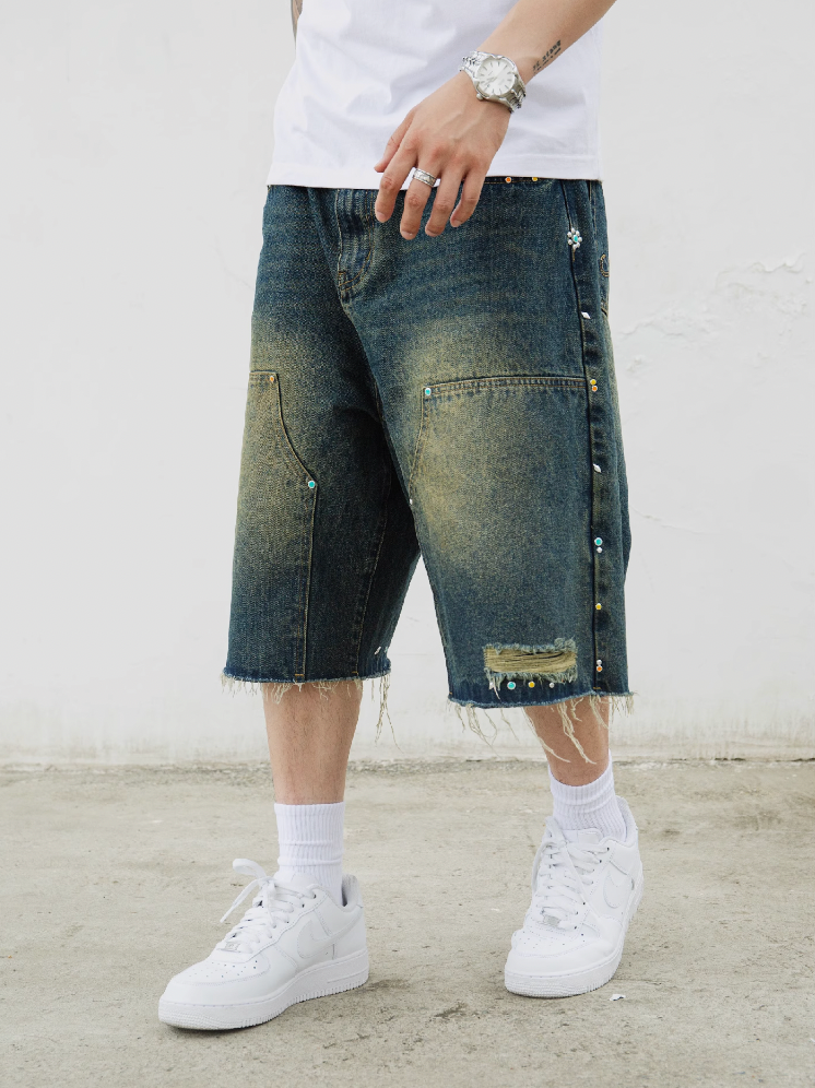 S45 Gem Woodcutting Distressed Raw Edge Denim Shorts
