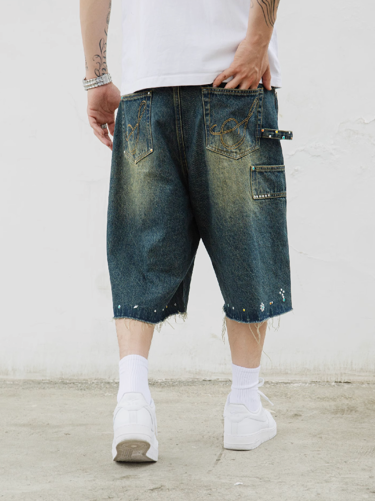 S45 Gem Woodcutting Distressed Raw Edge Denim Shorts