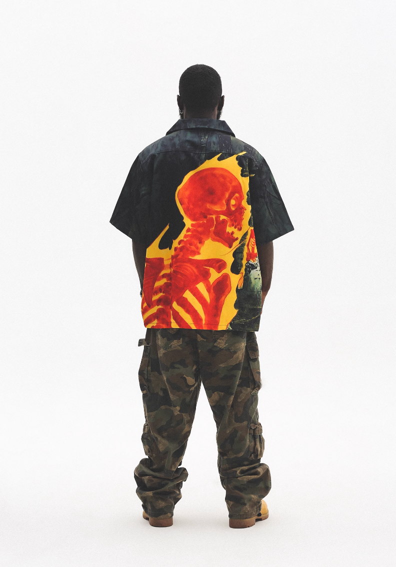 UNTILWERICH Cuban Collar Flaming Skull Short Sleeve Shirt