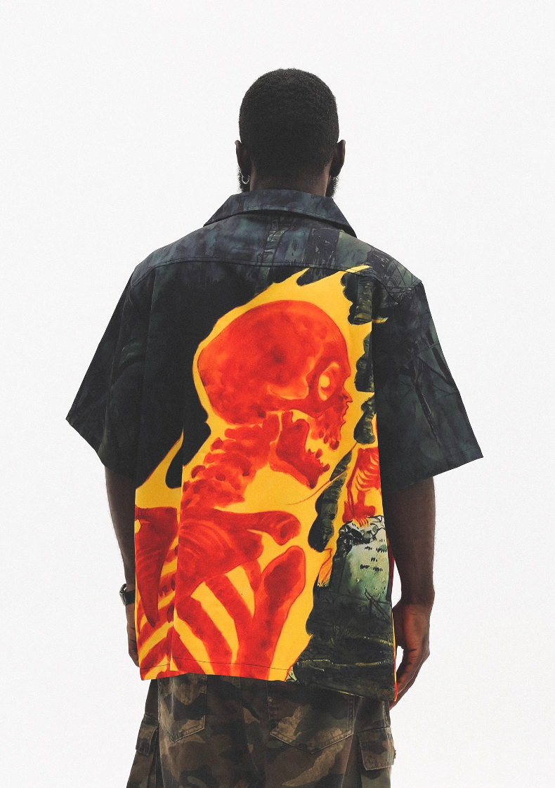 UNTILWERICH Cuban Collar Flaming Skull Short Sleeve Shirt