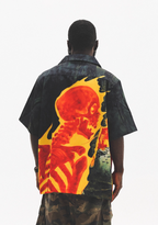 UNTILWERICH Cuban Collar Flaming Skull Short Sleeve Shirt