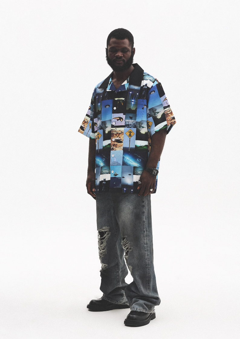 UNTILWERICH Cuban Collar UFO Short Sleeve Shirt