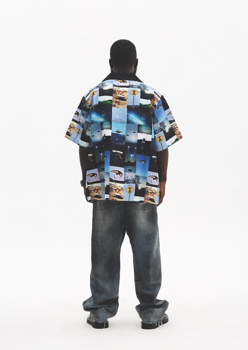 UNTILWERICH Cuban Collar UFO Short Sleeve Shirt