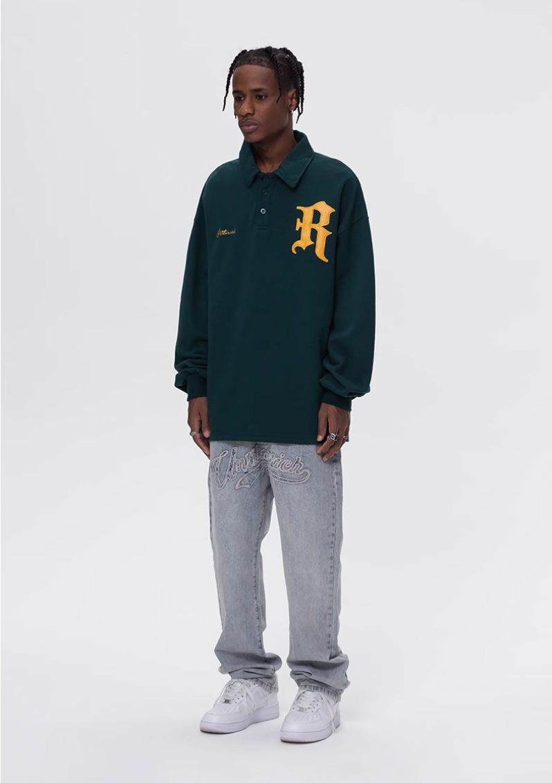 UNTILWERICH Patchwork Leather Embroidery Long Sleeve Polo